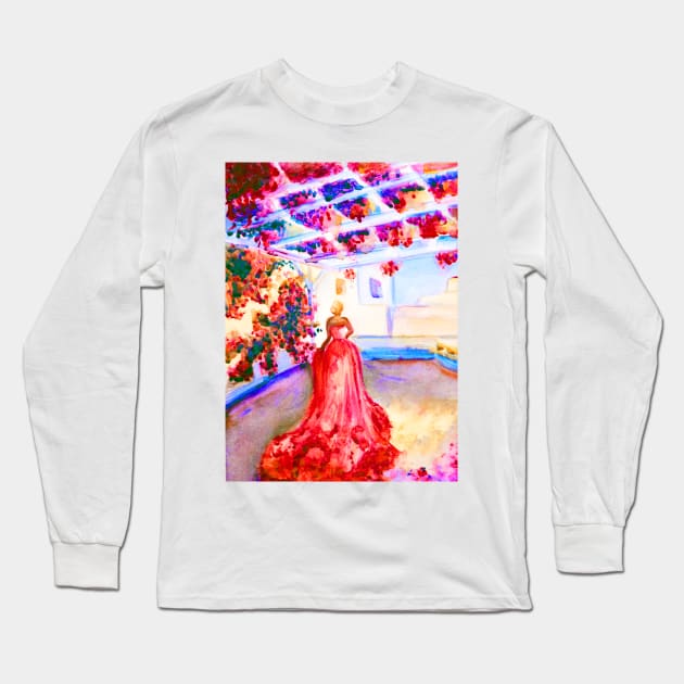 Woman in Greece with pink tail dress under flower pergola Long Sleeve T-Shirt by Begoll Art